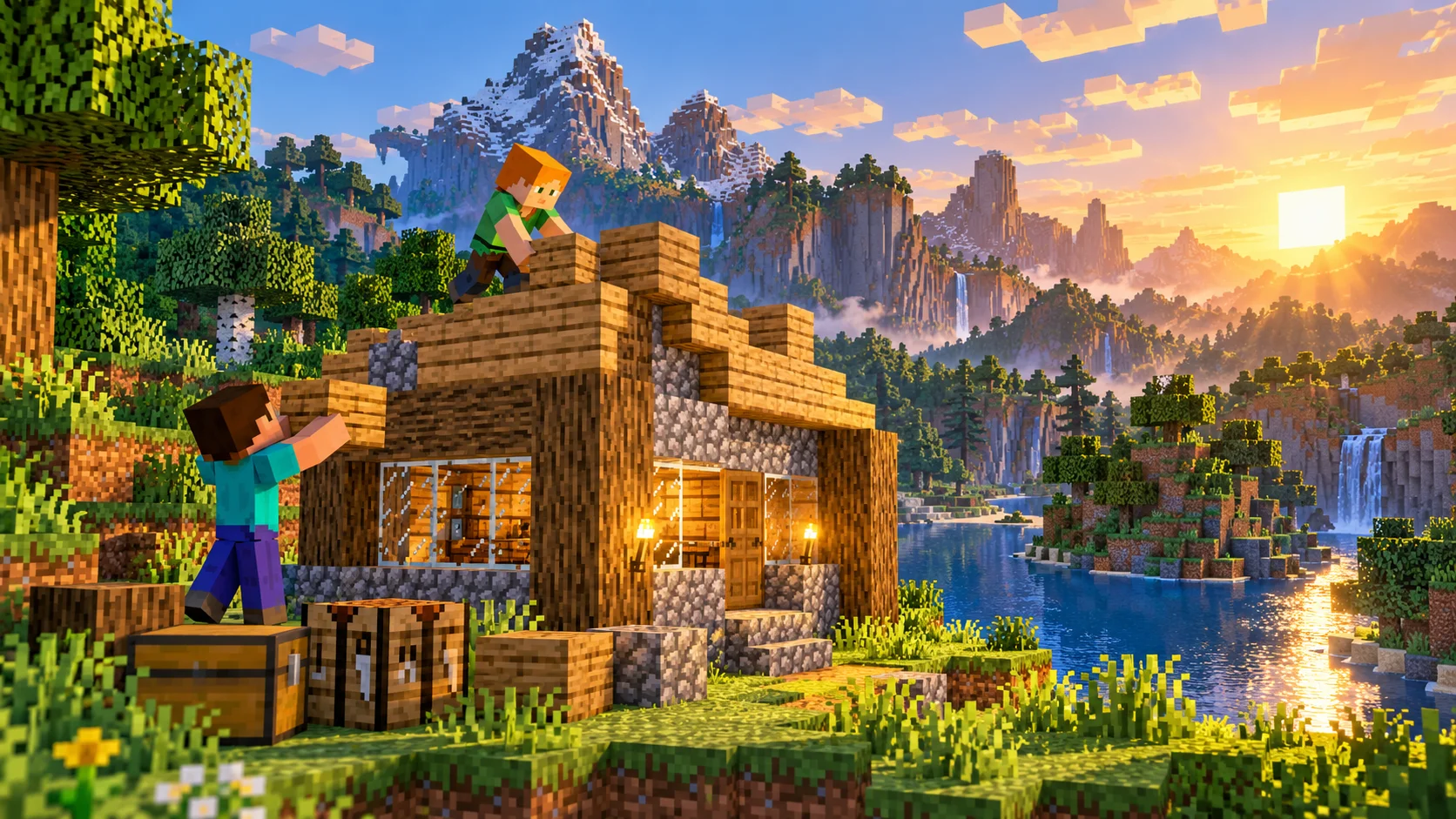 Du Minecraft žaidėjai stato medinį namą prie upės kalnų apsuptame pasaulyje.